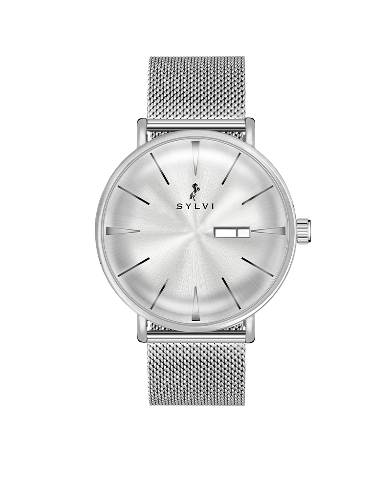 Silver watch with mesh strap

