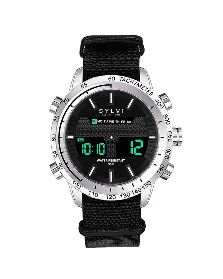 Black watch with digital display on a white background
