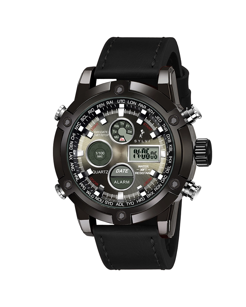 Sylvi Iconic black dial men's analog digital watch with leather strap – front view
