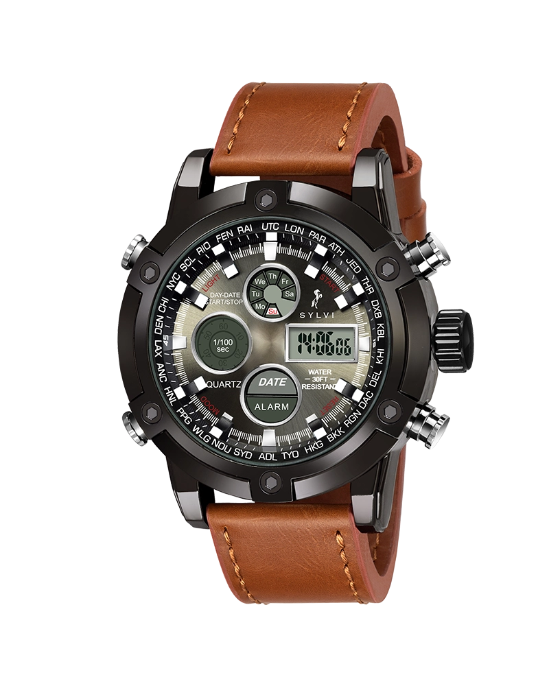 Sylvi Iconic brown dial men's analog digital watch with leather strap – front view
