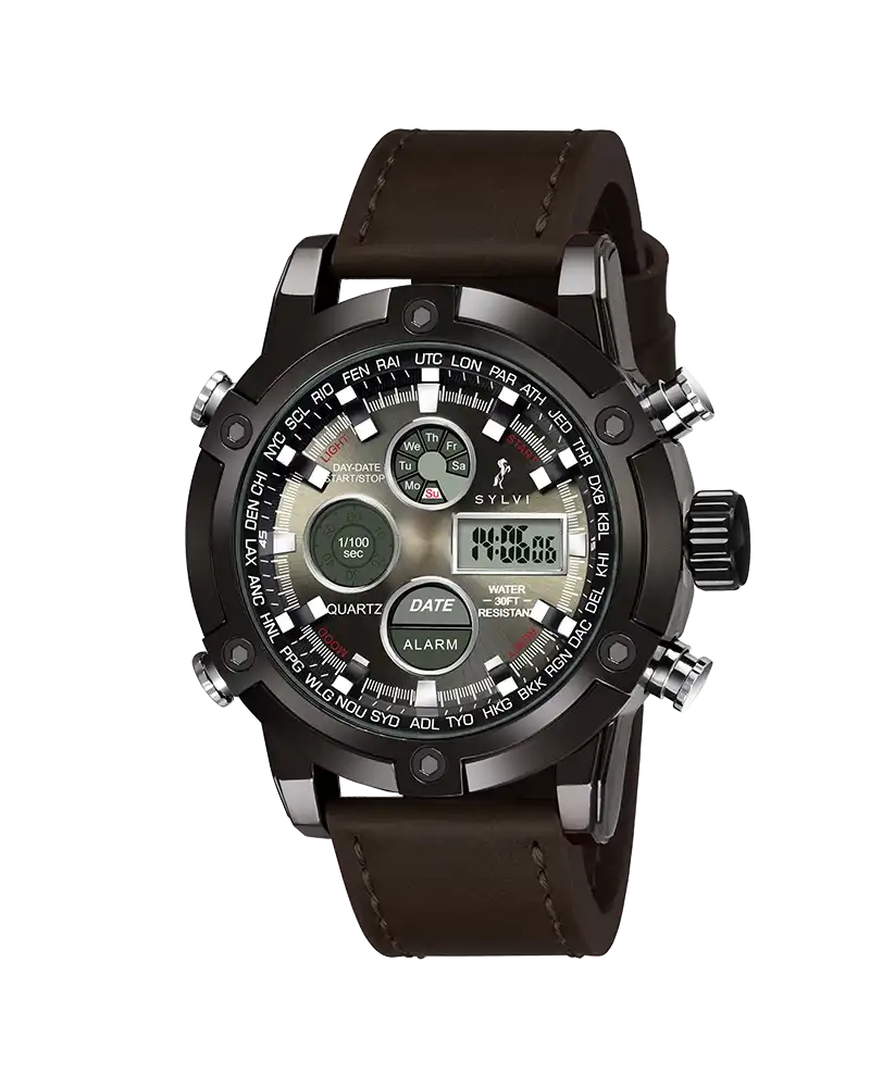 Sylvi Iconic coffee dial men's analog digital watch with leather strap – front view
