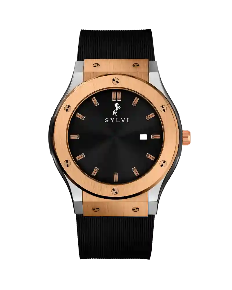 Sylvi Majestic black rose gold silver analog watch India
