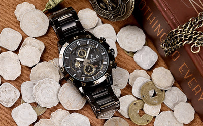 Sylvi Timegrapher Golden Black Steel Strap Watch Props Image