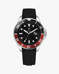 Wristwatch with black strap and red and silver