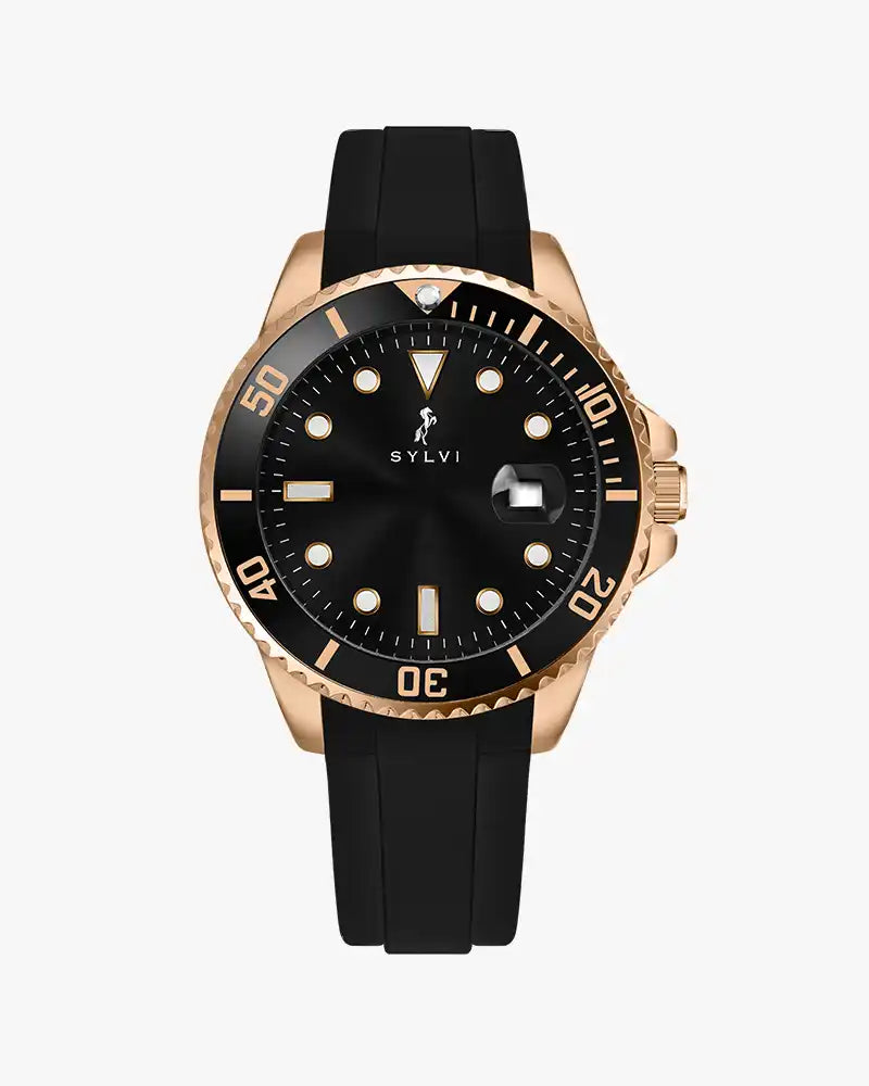 Sylvi OceanX black dial men's analog watch with silicone strap – front view
