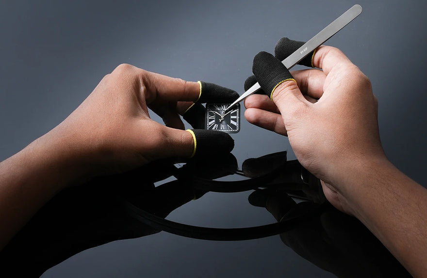 Urbanic watch manufacturing hands fitting on square dial, precision analog watch assembly process