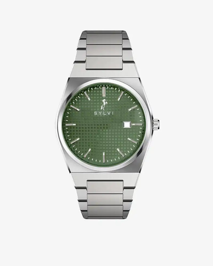 A silver stainless steel watch with a green dial and a metal bracelet, displayed against a white background.
