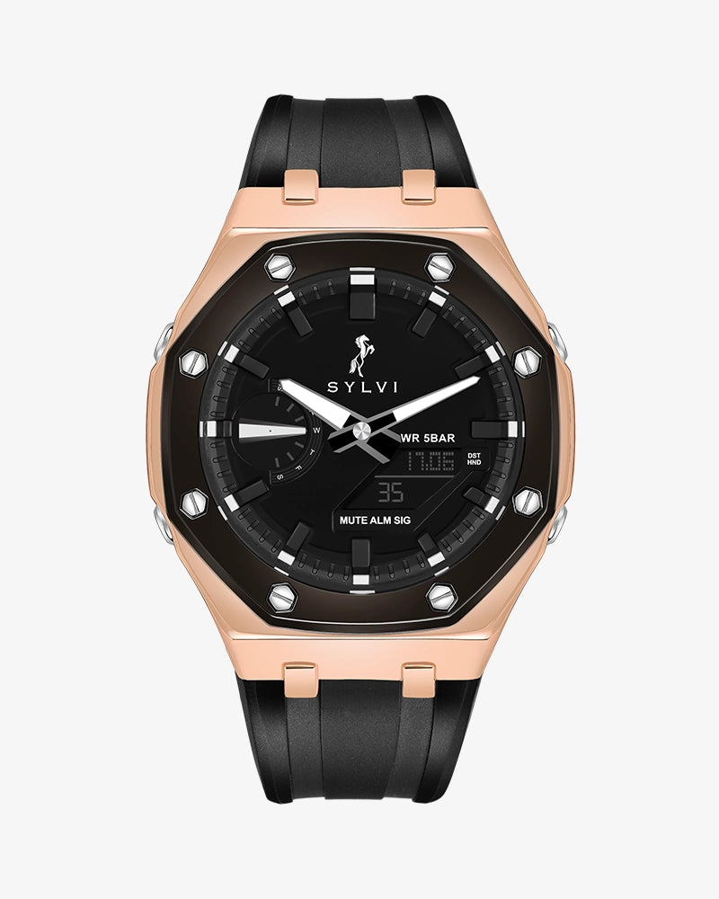 Sylvi Rig One O One WT Max Rosegold Black Watch with World Time, Auto Light Feature