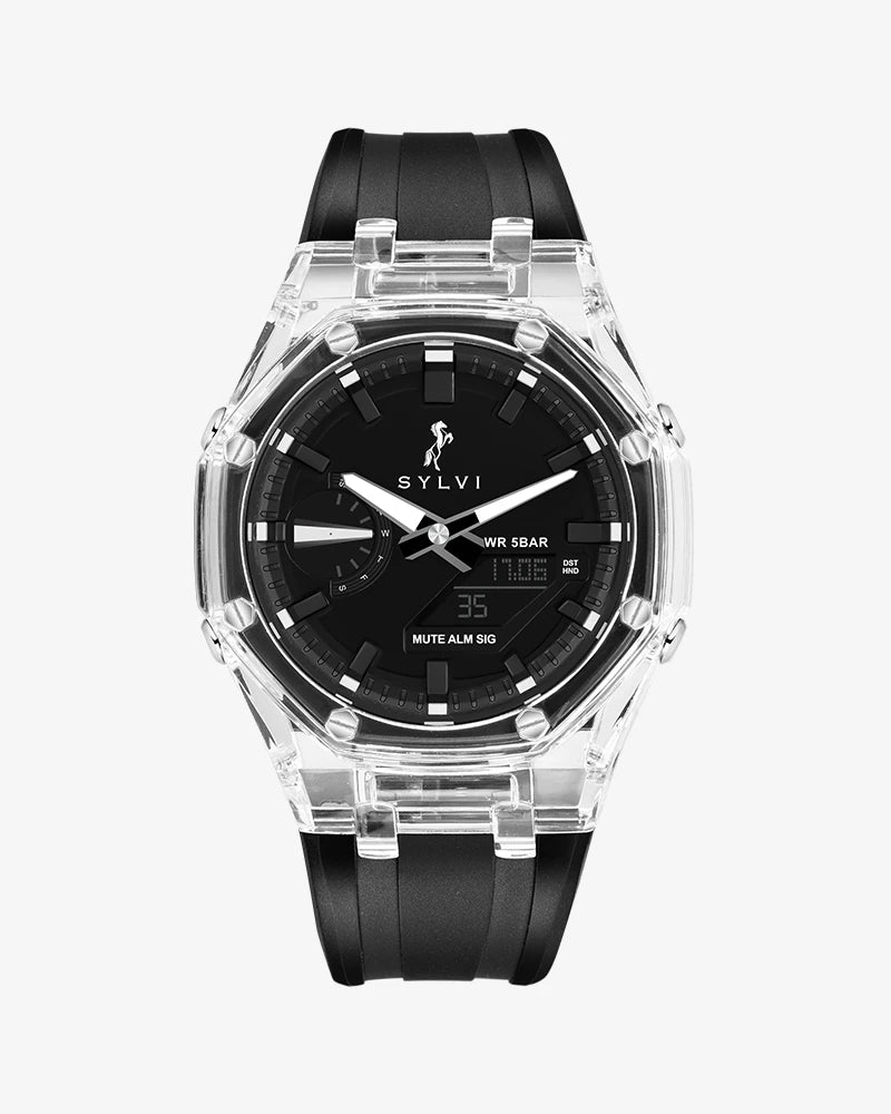 Sylvi Rig One O One WT Max Black Crystal Transparent Case Watch with World Time, Auto Light Feature