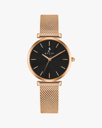 Rose gold watch with black dial