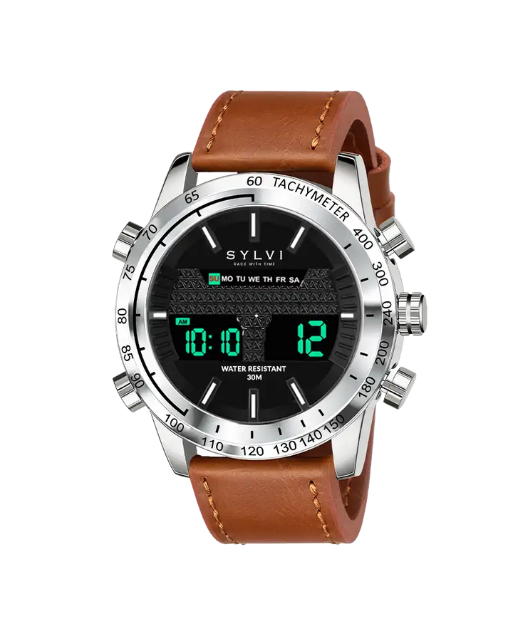 Sylvi watch with brown leather strap and black digital face on white background
