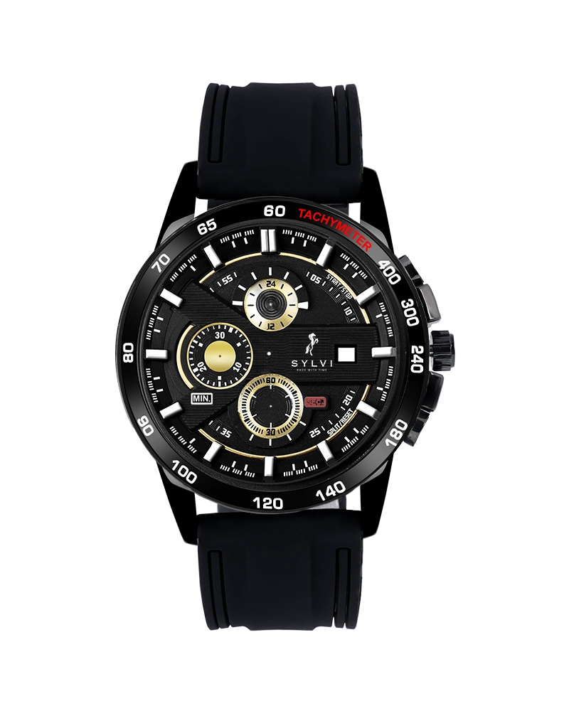 Sylvi Timegrapher Golden PU Strap Watch with Working Chrono Subdials
