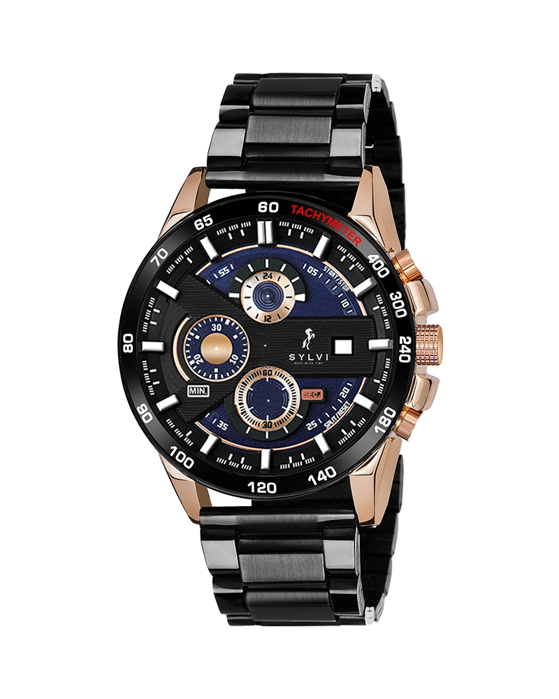Sylvi Timegrapher black dial men's chronograph watch with stainless steel strap – front view
