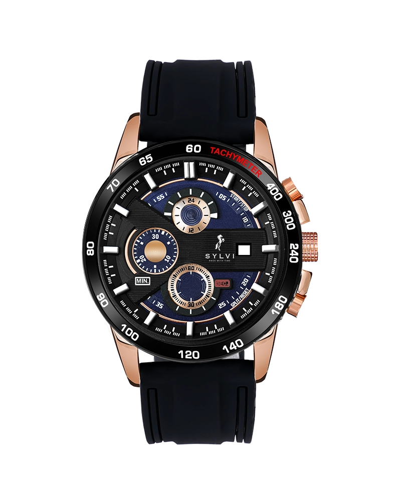 Sylvi Timegrapher Rosegold Case Chrono Watch with Black PU Strap Front Angle Image
