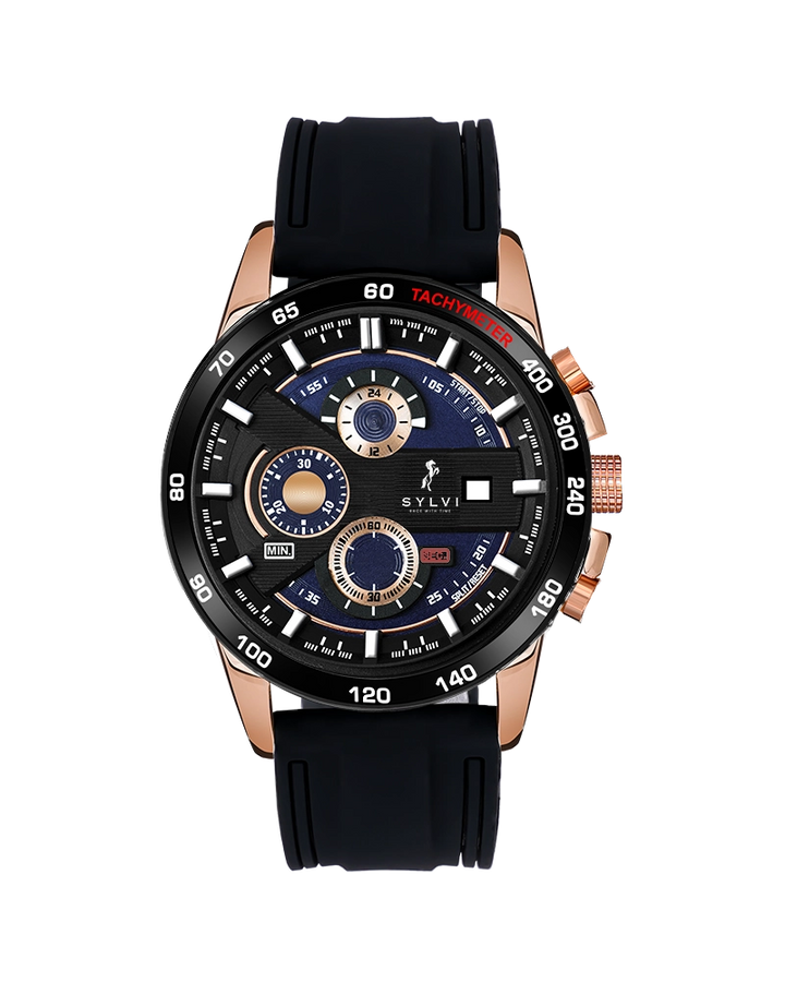 Sylvi Timegrapher Rosegold Case Chrono Watch with Black PU Strap Front Angle Image
