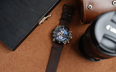 Blue dial with rose gold and coffee nylon strap Sylvi Timegrapher men's wristwatch