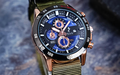 Sylvi Timegrapher Blue Rosegold Chronograph Watch with Green Nylon Strap Props Image
