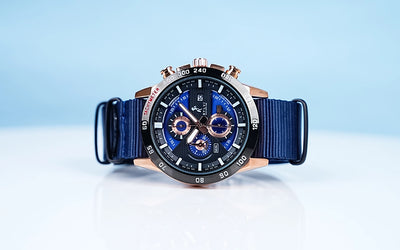 Blue dial with rose gold details and navy blue nylon strap Sylvi Timegrapher men's wristwatch