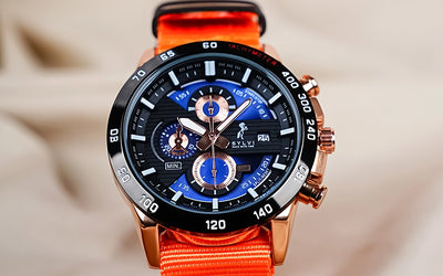 Sylvi Timegrapher Rosegold Chronograph Watch with Orange Nylon Strap Props Image