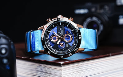 Sky blue nylon strap paired with a blue dial and rose gold accents