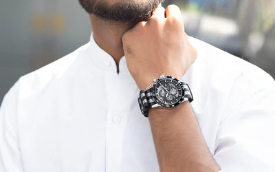 Grey and black nylon strap with a red dial and silver details Timegrapher watch by Sylvi