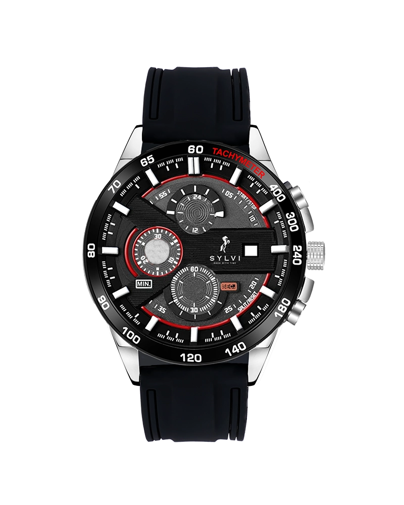 Sylvi Timegrapher red dial men's chronograph watch with silicone strap – front view
