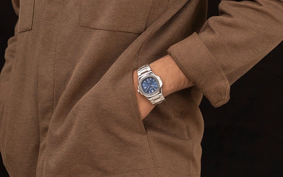 Blue dial with silver accents Urbane timepiece by Sylvi watch.