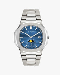 Urbane Moon Blue Silver watch with moonphase dial, stainless steel strap,