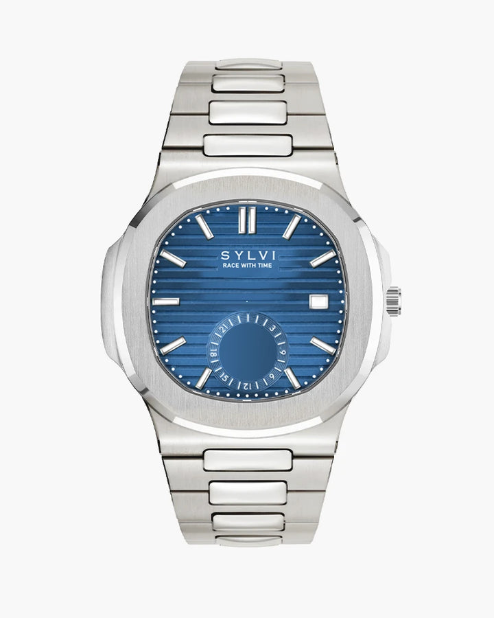 Urbane Moon Blue Silver watch with moonphase dial, stainless steel strap,
