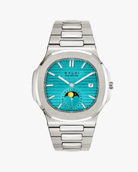 Silver watch with a blue face on a white background