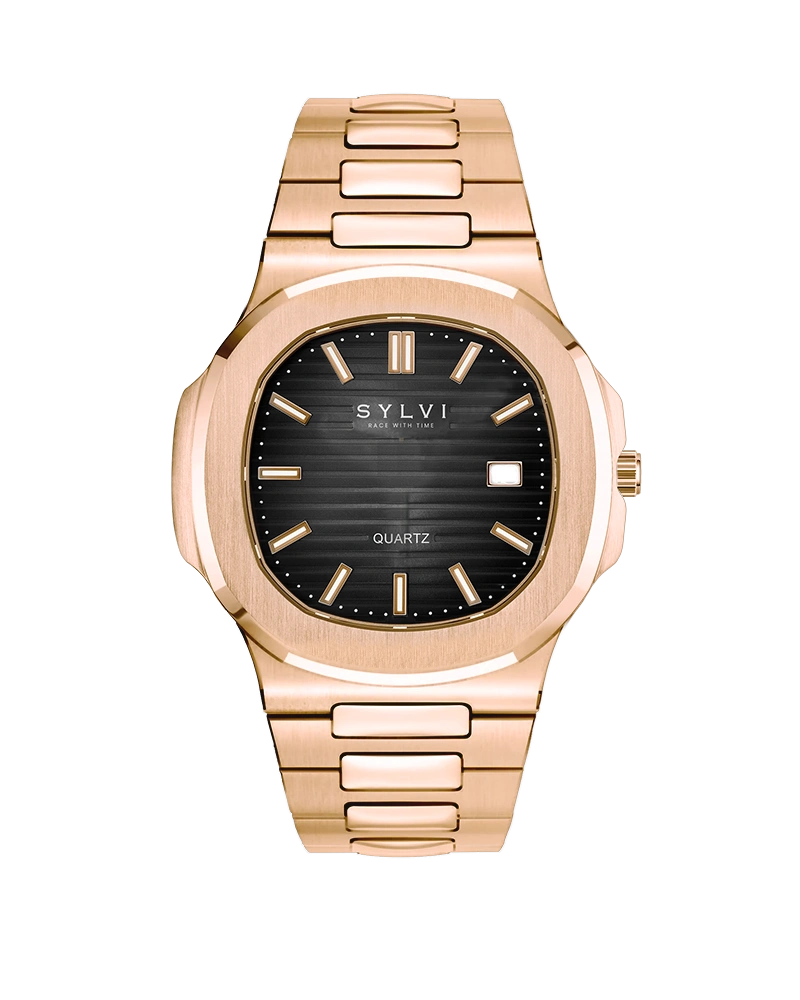 Sylvi Urbane rose gold dial men's analog watch with stainless steel strap – front view
