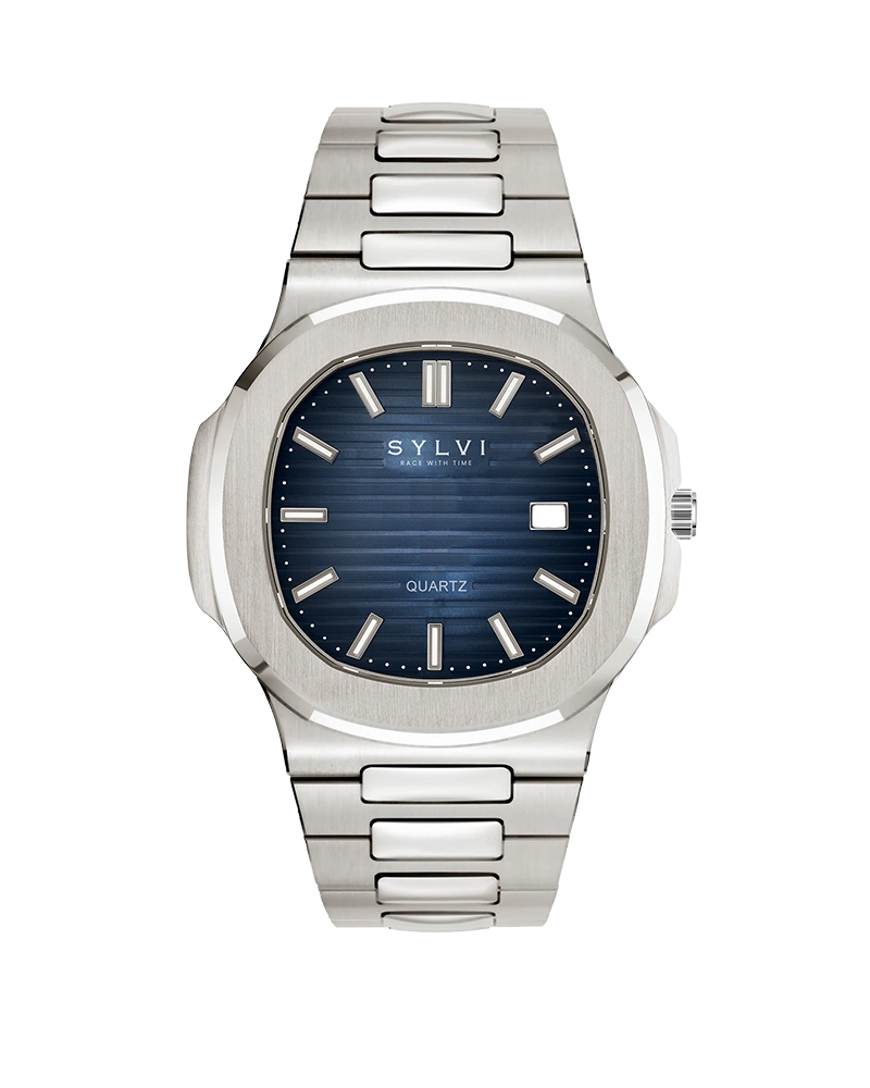 Sylvi Urbane silver dial men's analog watch with stainless steel strap – front view 3
