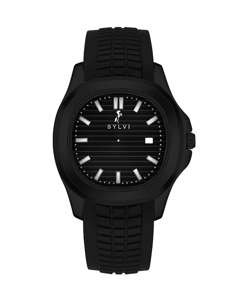 Sylvi Urbanic black dial men's analog watch with silicone strap – front view
