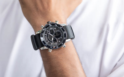 Sylvi Velocity black dial watch with nylon strap Explore Now