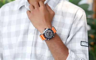 Sylvi Velocity Orange Nylon Strap Watch Model Hand Image