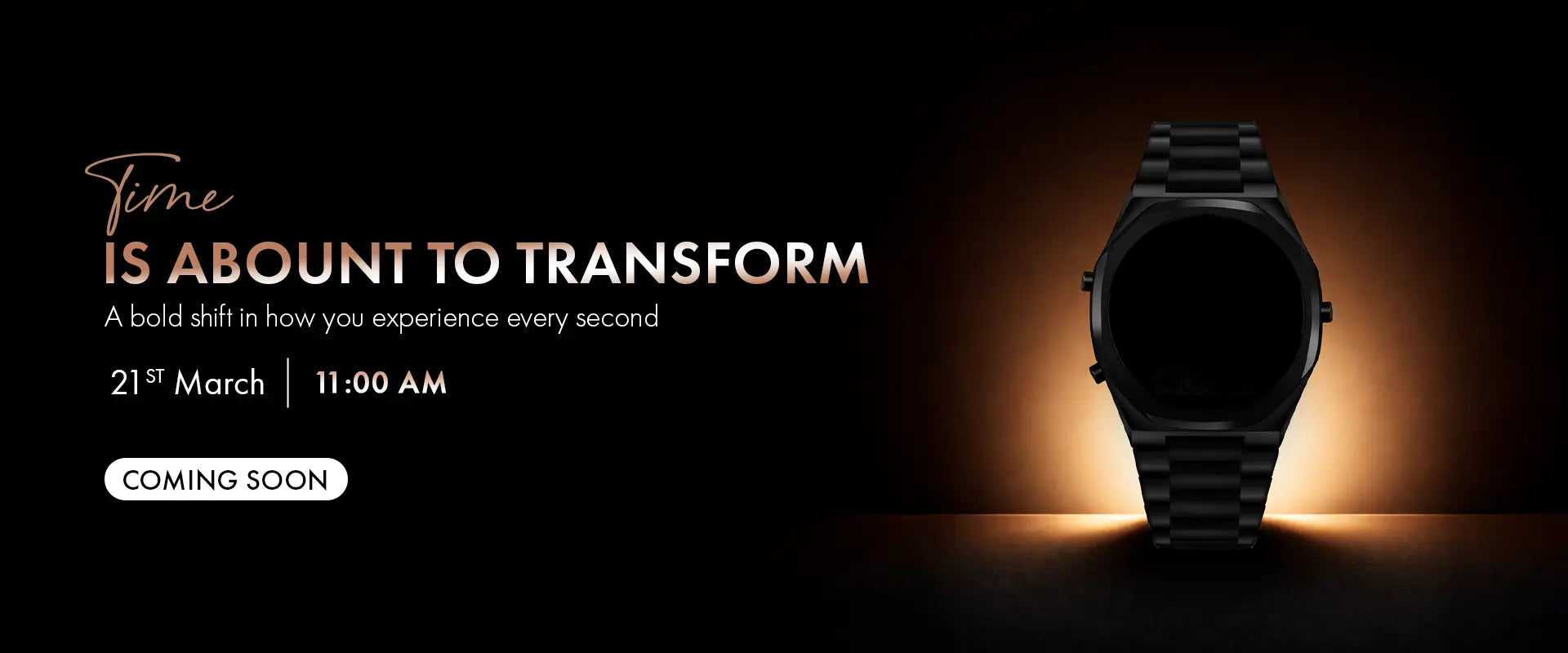 TimeShift hybrid analog digital watch launch banner with modern design and bold styling for men in India coming soon