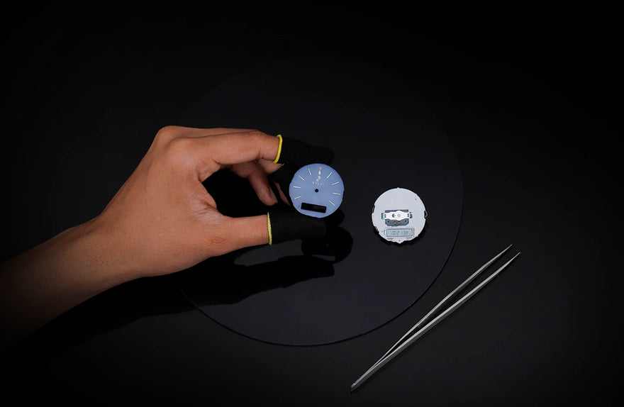 blue silicone watch manufacturing internal setup detail