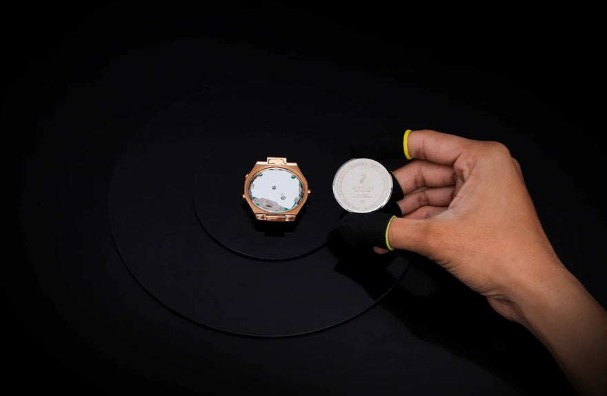TimeShift watch manufacturing process rose gold case assembly with back cover