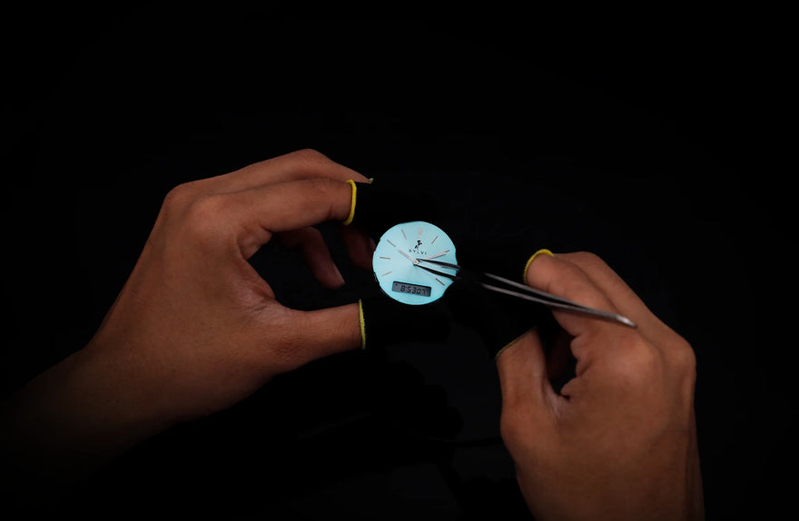 TimeShift Electric Blue hybrid watch dial precision assembly