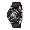 Wristwatch with black strap and rose gold case on a white background