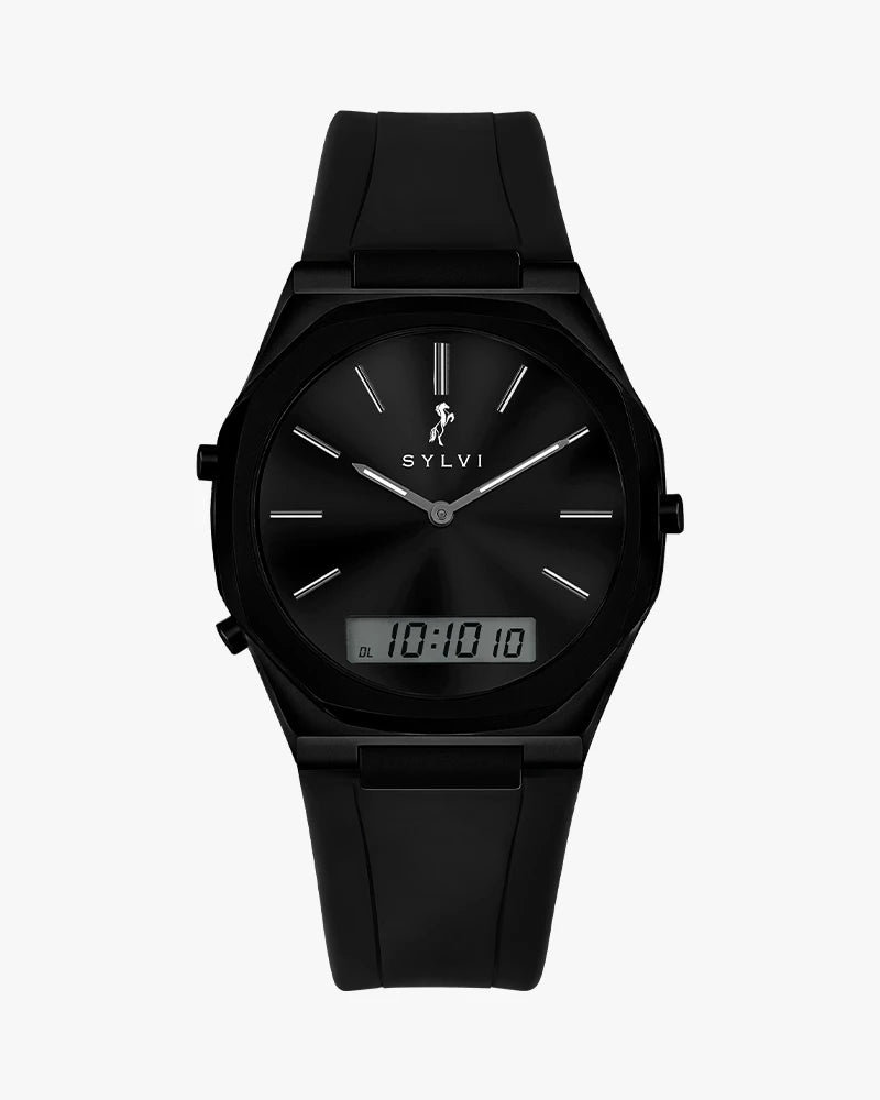 TimeShift black silicone watch main view, hybrid analog digital design for men