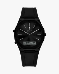 TimeShift black silicone watch main view, hybrid analog digital design for men