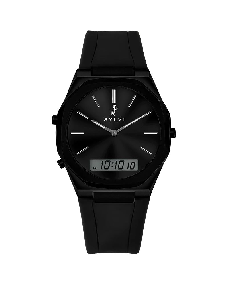 TimeShift black silicone watch for men, hybrid analog digital dial, modern stylish wrist watch by Indian watch brand