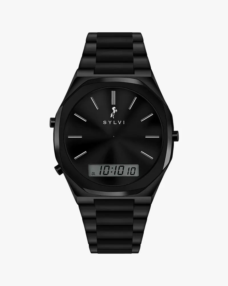 TimeShift black steel strap hybrid watch with analog digital dial for men by Sylvi
