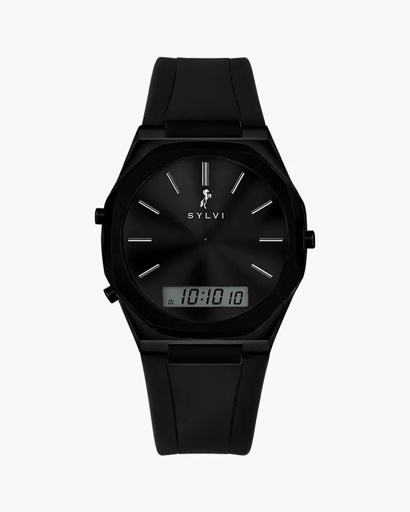 TimeShift black silicone watch main view, hybrid analog digital design for men
