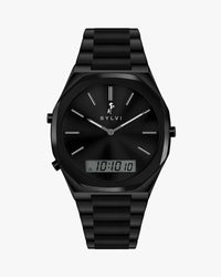 TimeShift black steel strap hybrid watch with analog digital dial for men by Sylvi