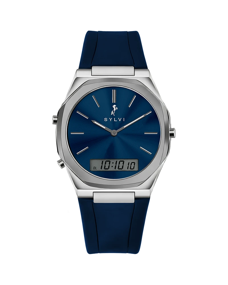 TimeShift blue silicone watch for men, hybrid analog digital dial, modern stylish wrist watch by Indian watch brand