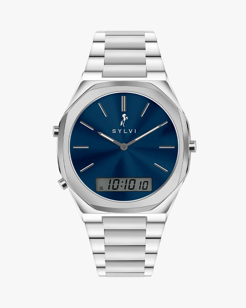 TimeShift blue silver steel strap hybrid watch with analog digital dial for men by Sylvi