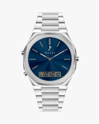 TimeShift blue silver steel strap hybrid watch with analog digital dial for men by Sylvi