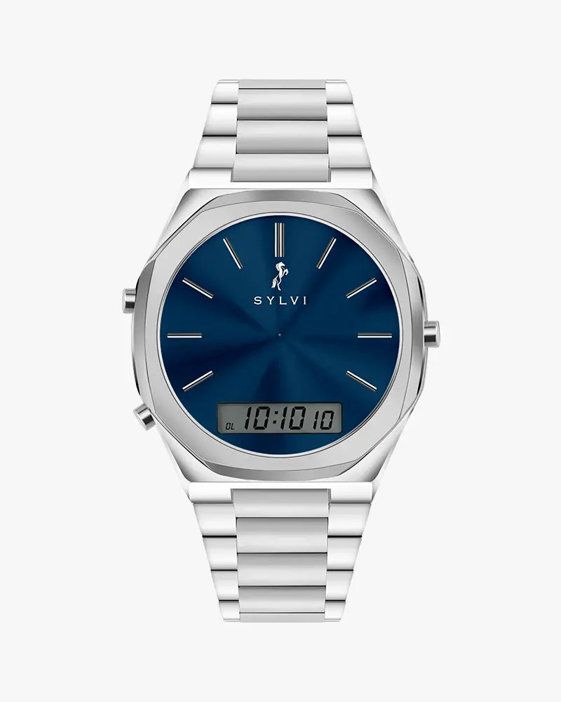 TimeShift blue silver steel strap hybrid watch with analog digital dial for men by Sylvi
